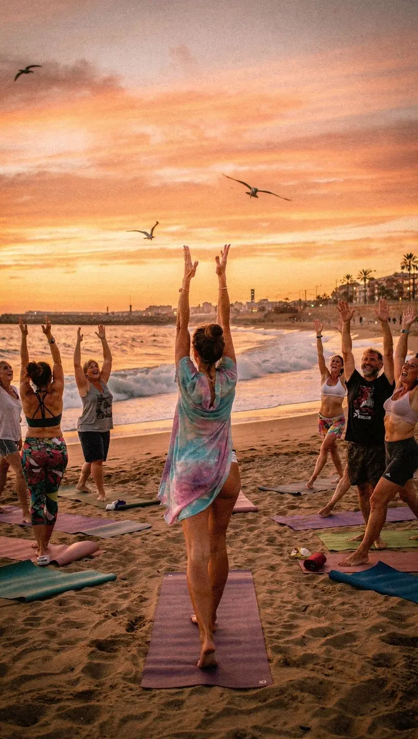 Grupo de principiantes escuchando atentamente las instrucciones del instructor durante una clase de yoga.