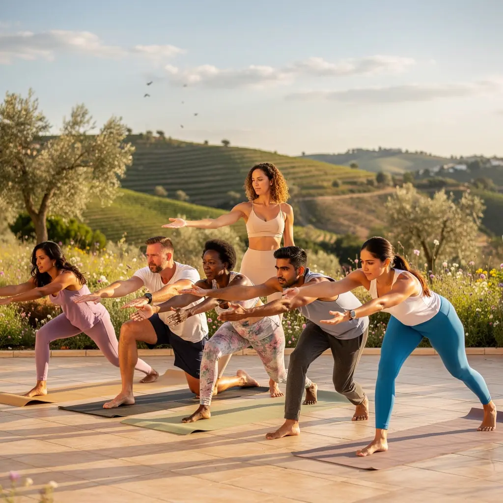 Un grupo de principiantes siguiendo instrucciones durante una clase de yoga en un estudio iluminado.