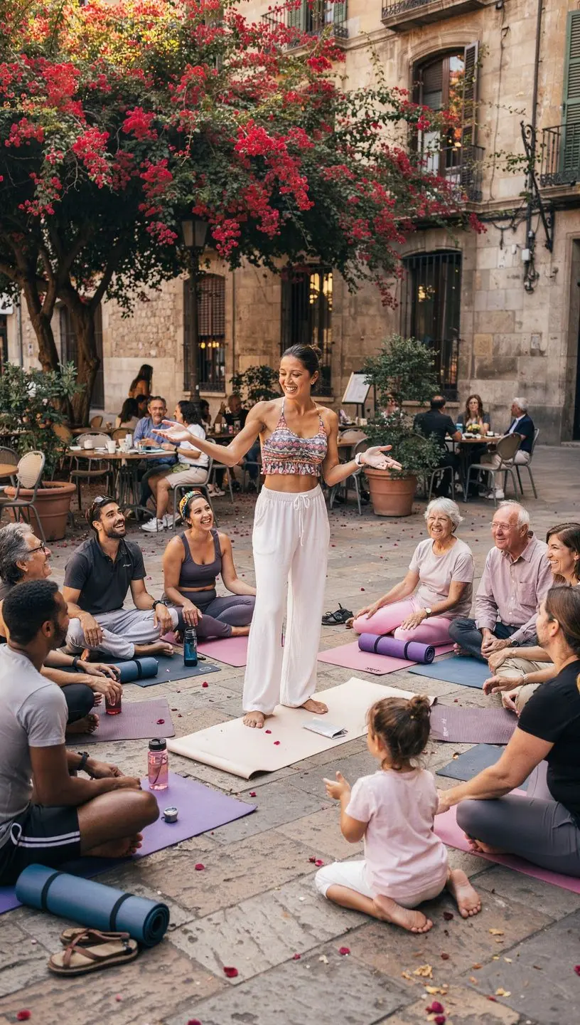 Material de yoga, como esterillas y bloques, organizados y listos para una clase de principiantes.