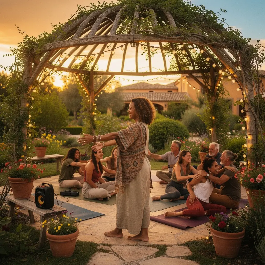 Un grupo de principiantes siguiendo instrucciones durante una clase de yoga en un estudio iluminado.