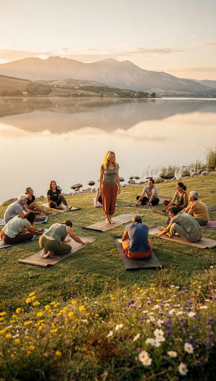 Un grupo de principiantes siguiendo instrucciones durante una clase de yoga en un estudio iluminado.