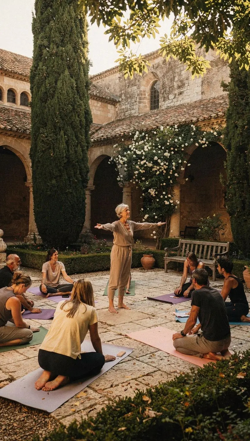 Un grupo de principiantes siguiendo instrucciones durante una clase de yoga en un estudio iluminado.