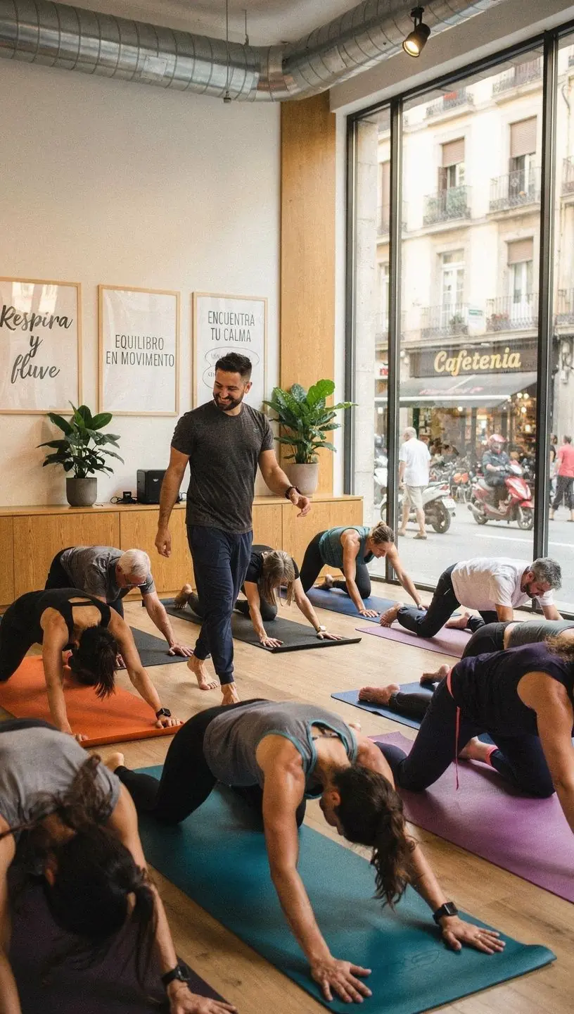 Un grupo de principiantes siguiendo instrucciones durante una clase de yoga en un estudio iluminado.